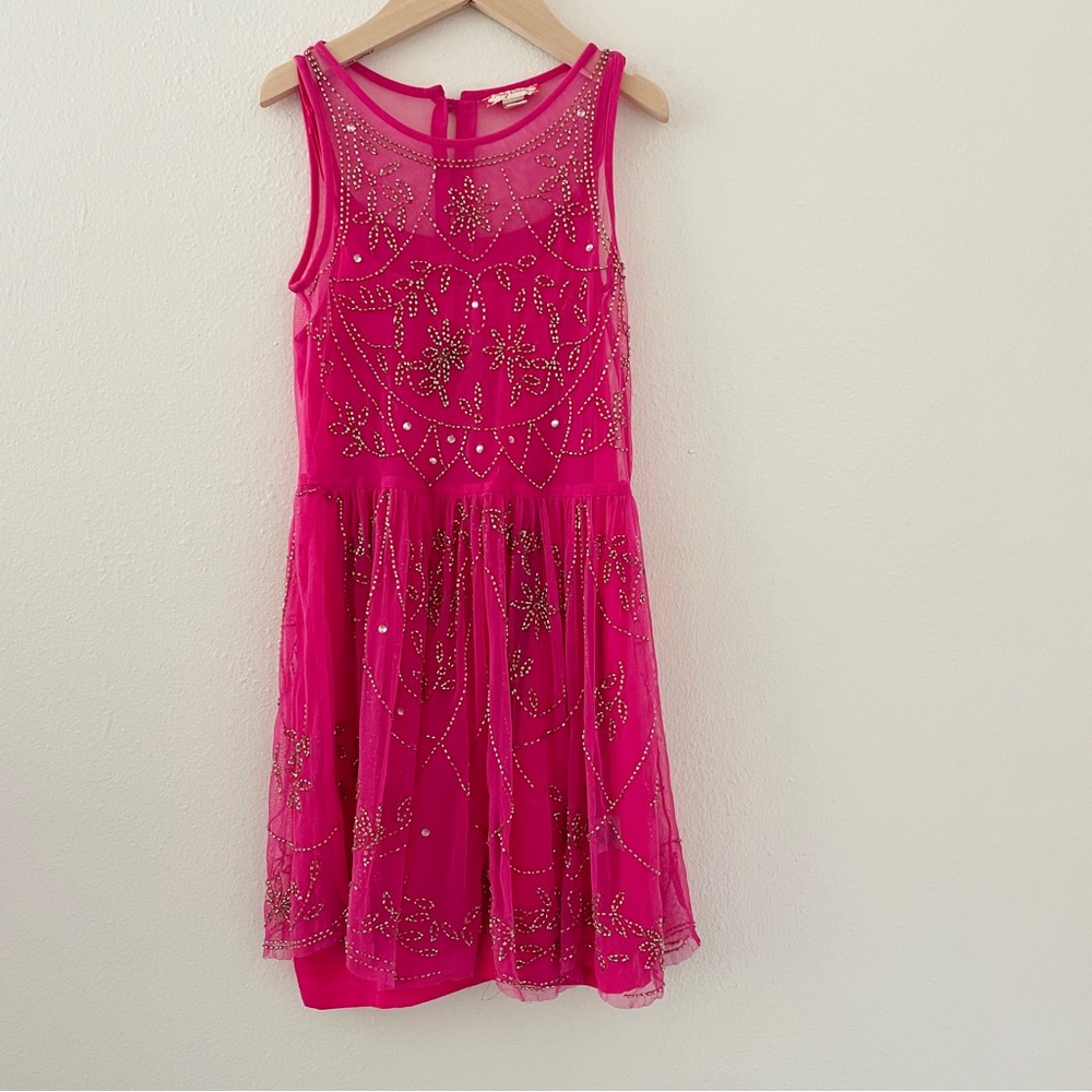 Ruby & Bloom Pink Mesh Sleeveless Dress with Silver Beading